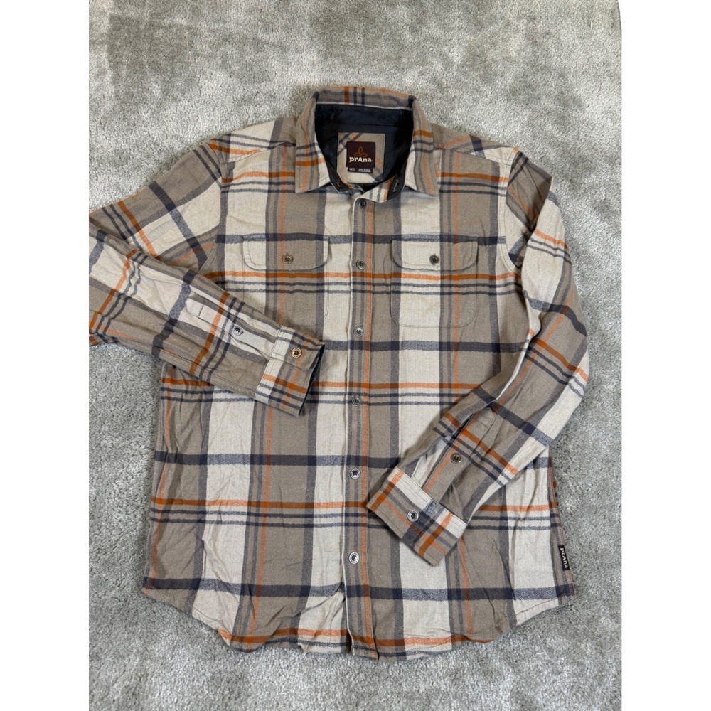 Prana Mens Organic Cotton Plaid Flannel Shirt Tan Orange Blue Herringbone Medium